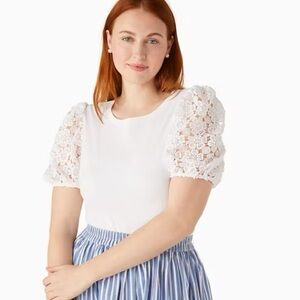 Kate Spade White Puff Sleeve Floral Lace Top Size XL